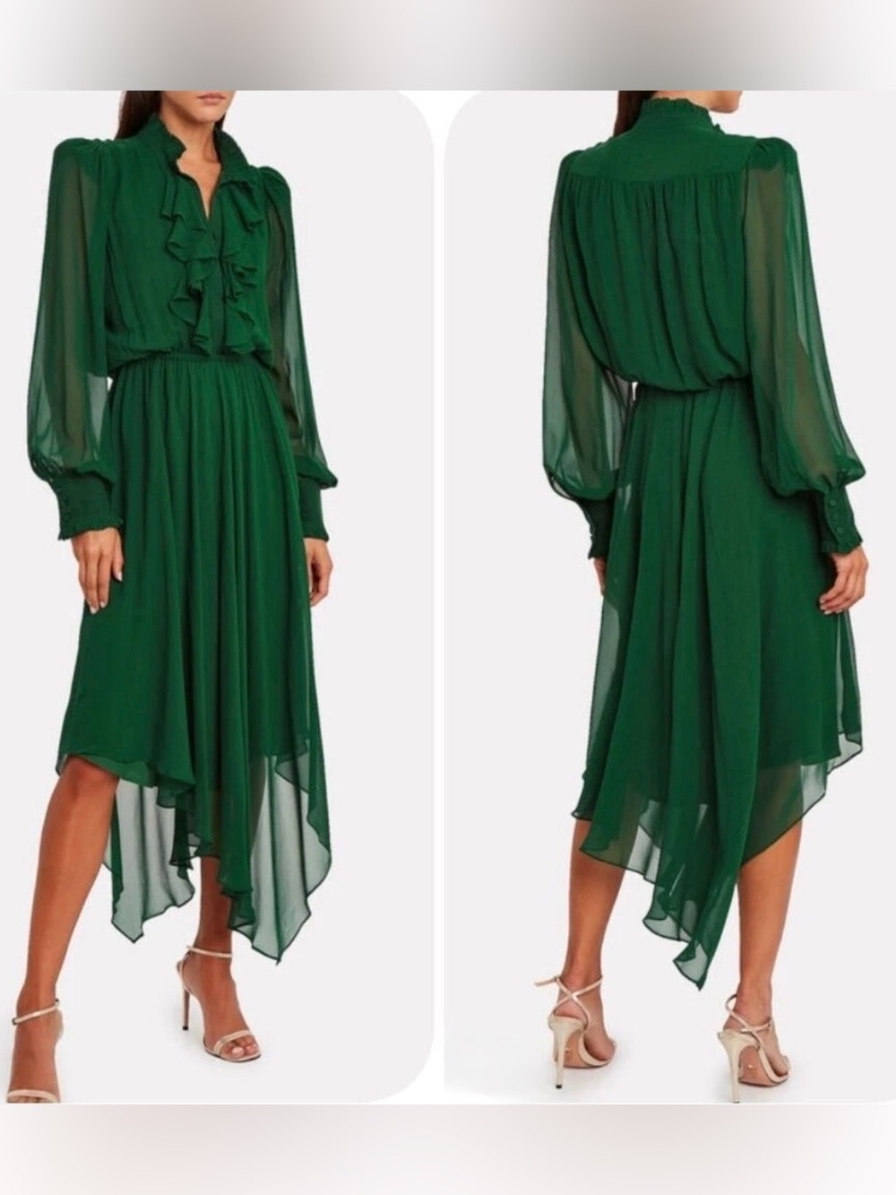 Divine Heritage Emerald Green 100% Silk Ruffled Asymmetric Midi Dress Size S